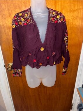 Free People Burgundy Embroidered V-Neck Peasant Top